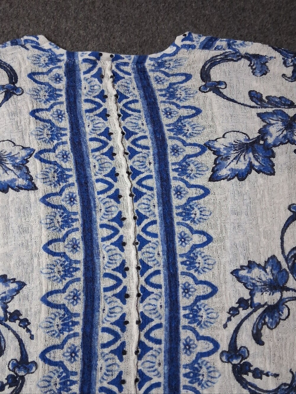 Chico's Womens Blue White Baroque Open Front 3/4 Sleeve Kimono Cardigan Top 2 L - Picture 9 of 10